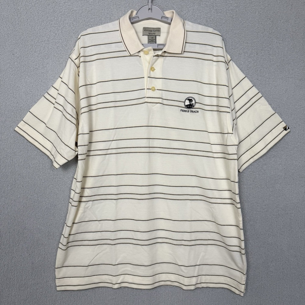 Cutter & Buck Polo Shirt Mens Large Cream Striped Excellent Pebble Beach Golf